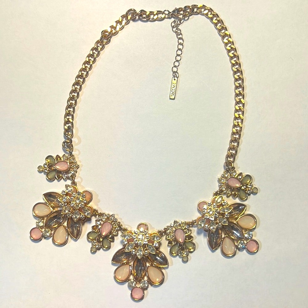 Gold chain necklace pink & cream glass crystal collar choker 16 in